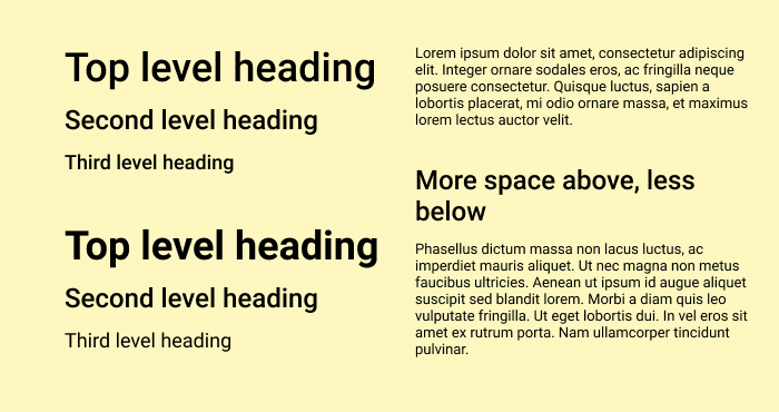 Bad subheading above, good - below. On the right -- how text should be placed in relevance to the subheadings