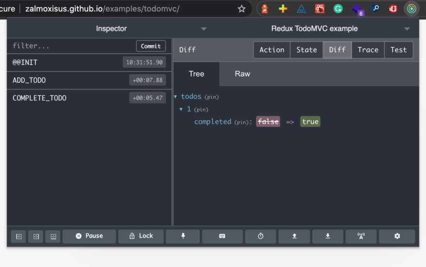 The difference in the state after the COMPLETE_TODO action is triggered The difference in the state after the COMPLETE_TODO action is triggered