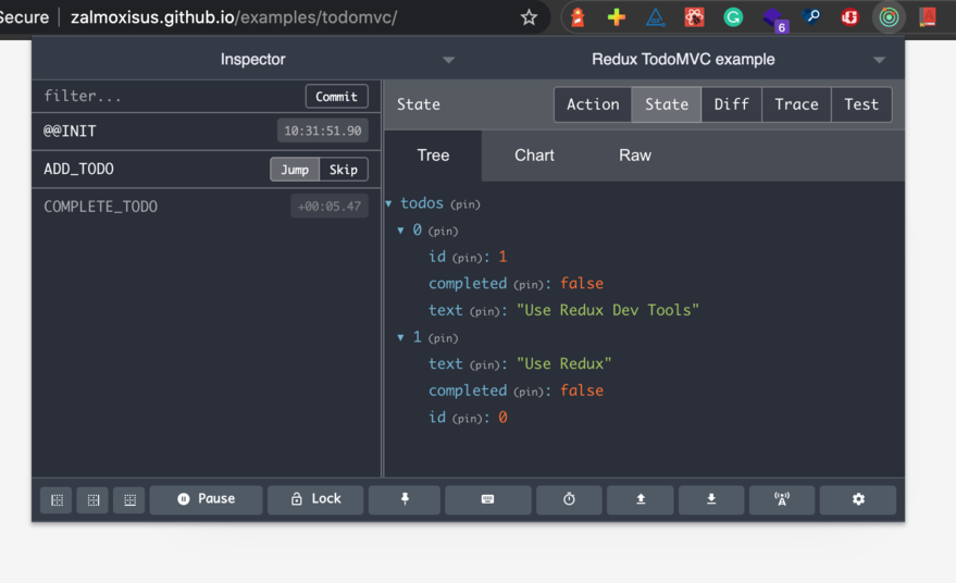 The change in the state after jumping to the ADD_TODO action The change in the state after jumping to the ADD_TODO action