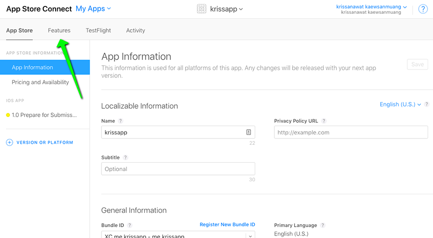 App-store connect feature tab