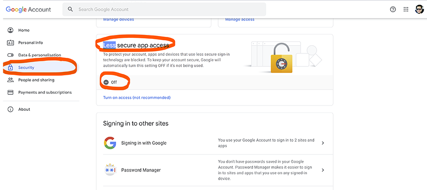GMAIL Turn on access for less secure apps GMAIL Turn on access for less secure apps
