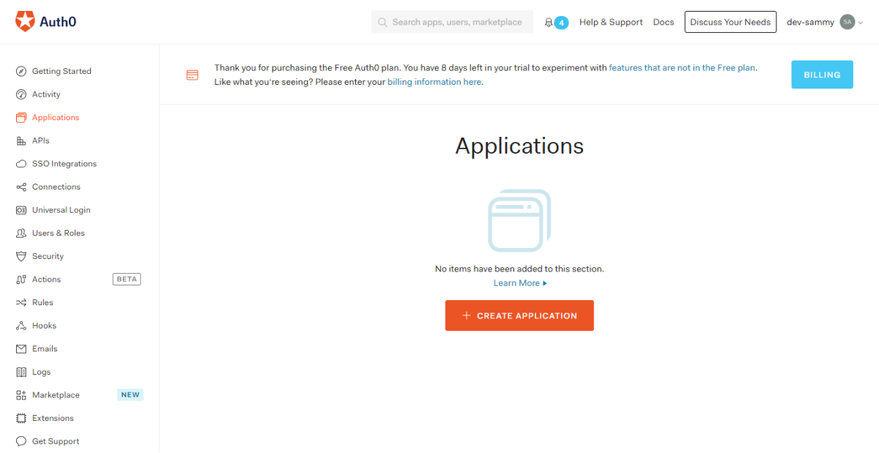 Auth0 dashboard - Create Application Auth0 dashboard - Create Application