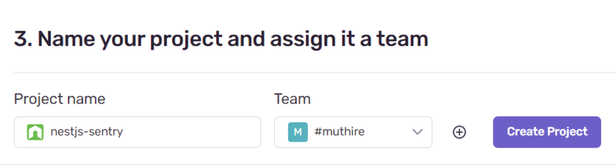 Nest.js, Sentry. Name your project and assign the team