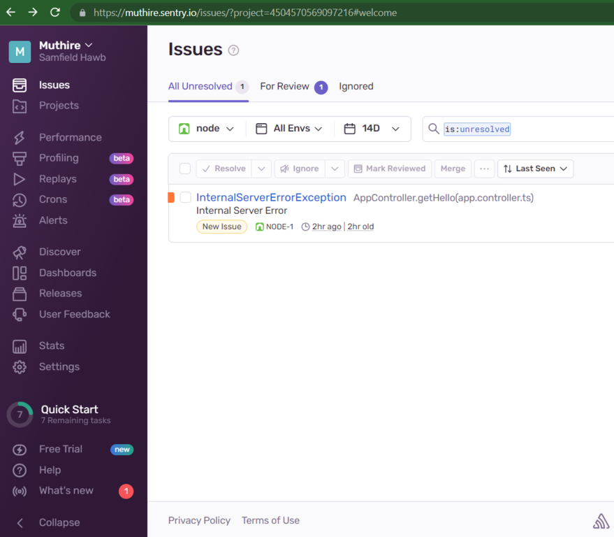 Node.js. Sentry dashboard