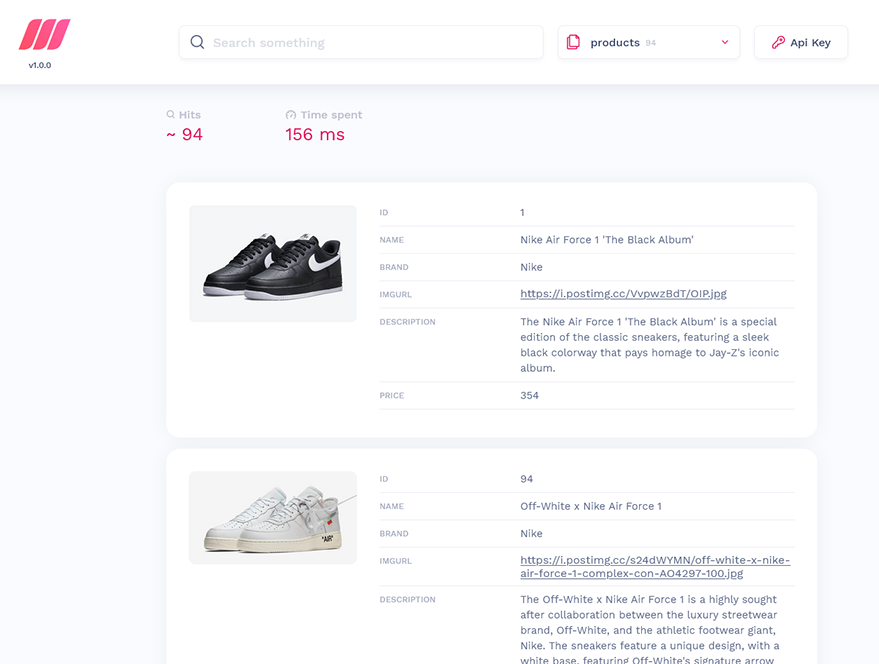 Milisearch application screen Milisearch application screen