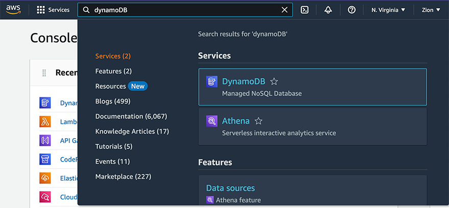 Search for "DynamoDB" into search the box Search for "DynamoDB" into search the box