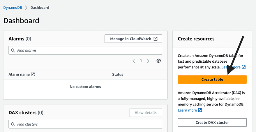 "Create table" button to create a new DynamoDB table "Create table" button to create a new DynamoDB table