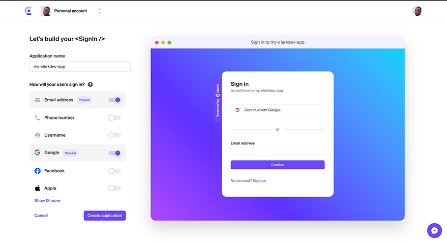 Create Clerk.dev application