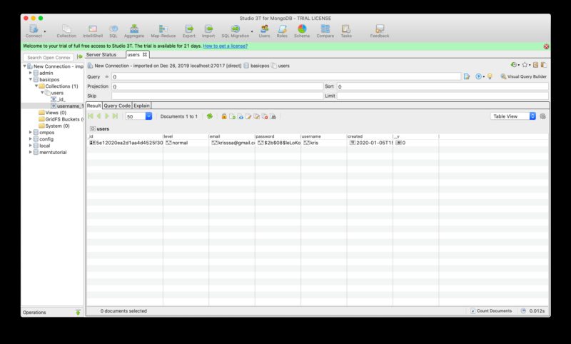 result data in mongodb
