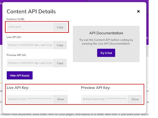 Agility. Content API details, form Agility. Content API details, form