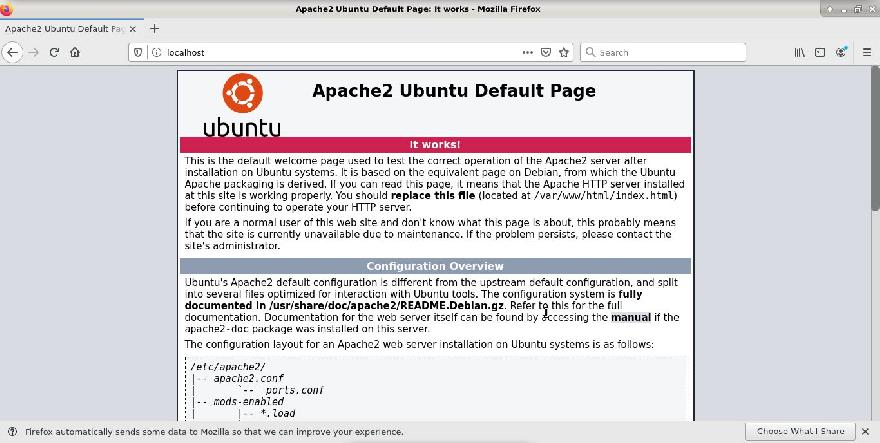 Browser view indicating successful lamp stack installation Browser view indicating successful lamp stack installation